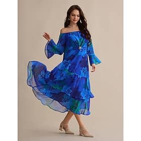 Chiffon Wedding Guest Royal Blue Floral Off Shoulder Long Sleeve Maxi Dress