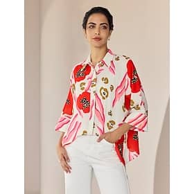 Floral Magyar Sleeve Irregular Hem Shirt Collar Casual Daily Shirt