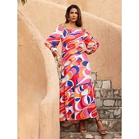 Geometric Curve Off Shoulder Puff Sleeve Dress