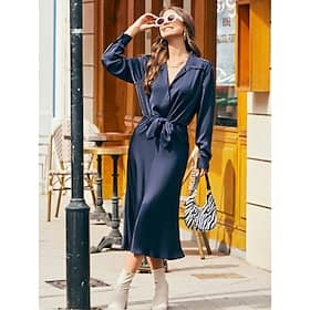 Navy Blue Lace-Up Ruched Shirt Dress