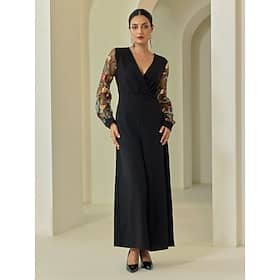 Black Embroidered Flower V-neck Bishop Long Sleeve Party/Wedding Guest Jumpsuit dress to impress 2024