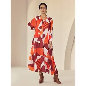 Chiffon Geometric Pattern Y Neck Casual Daily Maxi Dress