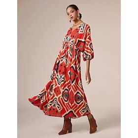 Loose Folk Drawstring Printing Vacation Maxi Dress