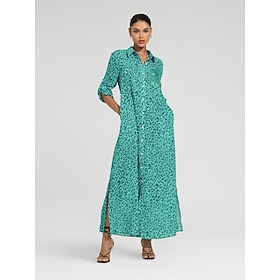 Women's Shirt Dress Print Dress Maxi Dress Blue Green Leopard prints Roll up Sleeves Sequin Summer Shirt Collar Leopard Print S M L