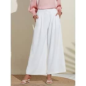 Women's Essential Trousers White Wide Leg Full Length Elastic Waist