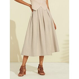 Women's Linen Blend Khaki Box Pleated Midi Skirt