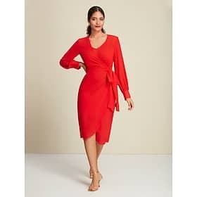 Red Chiffon Plain Party/Wedding Guest Tie Front Knot Wrap Long Sleeve Dress Set dress to impress Christmas Dress 2024