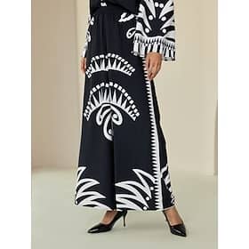 Satin Wide Leg Printing Black Pants