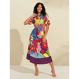 Women's Shirt Dress Print Dress Midi Dress Rainbow Half Sleeve Flower / Plants Printing With Belt Summer Shirt Collar Pattern Dress S M L