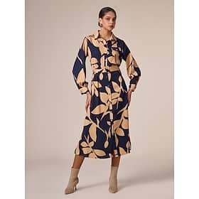 Satin Floral Printing Shirt Collar Casual Midi Dress