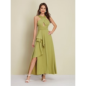 Women's Army Green Maxi Party/Wedding Guest /Cocktail Dress Satin Green Halter Neck Front Slit Cut-out Asymmetrical Ruffle dress to impress 2024