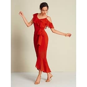 Red Chiffon Party/Wedding Guest Mismatched Short Sleeve Midi Dress dress to impress 2024