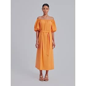 Off-Shoulder Puff Sleeve Midi Dress