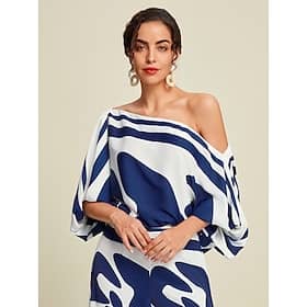 Satin Abstract Puff Sleeve Bateau Blouse