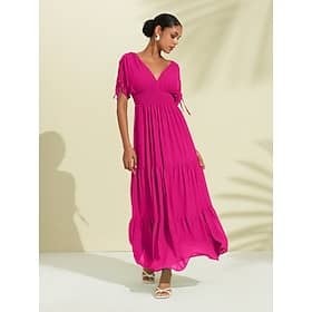 Rose Red Chiffon Wedding Guest/Vacation/Party Halter V Neck Tie Back Smock Maxi Dress dress to impress 2024