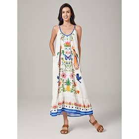 White-Toned Beach Vacation Style Printed Dress