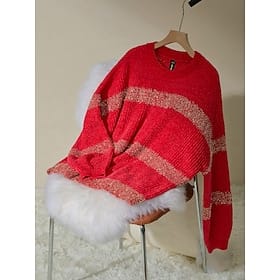 Chenille Set-in Crew Neck Ribbed Knit Sweater