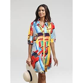 Satin Artistic Still Life Print Mini Shirt Dress