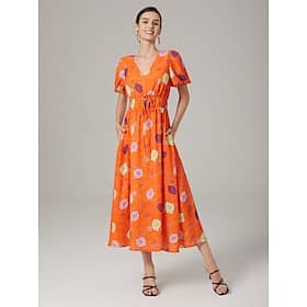 Holiday style orange waist pleated print long dress