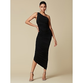 Black Elegant Party/Wedding Guest Ruched Sleeveless One Shoulder Elegant Midi Dress dress to impress 2024