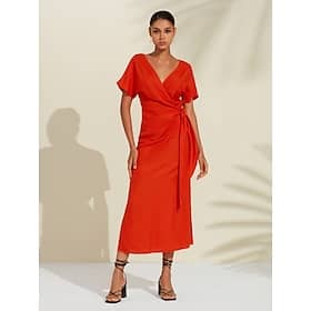 Women's Tencel Linen Orange Red V Neck Shirred Wrap Midi Dress