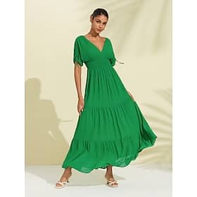 Women's Chiffon Green Halter V Neck Tie Back Smock Maxi Dress