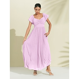 Women's Chiffon Wedding Guest Maxi Dress Elegant Blue Sweetheart Pleated V-Neck Short Sleeve A-Line Formal Evening Dress