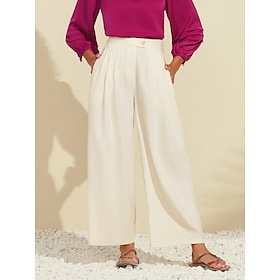 Women's Linen Wide Leg Pants Palazzo Pants Ivory White Elasticated Waist Elegant Office Casual Evening Pants