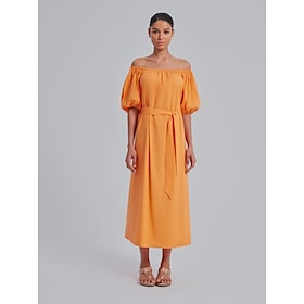 Off-Shoulder Puff Sleeve Midi Dress