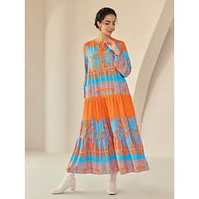 Plants Linear Button Up Crew Neck Ethnic Casual Maxi Dress