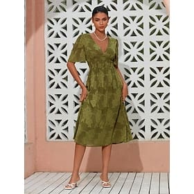 Women's Elegant Dress Yellow Green Short Sleeve Jacquard Jacquard Spring Summer V Neck Elegant Dress Date Vacation S M L