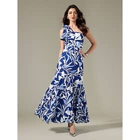 Satin Sleeveless Ruffle Flower One Shoulder Elegant Maxi Dress