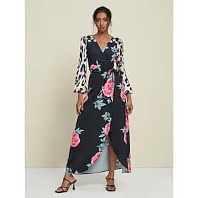 Satin Wedding Guest Floral Leopard Print Long Sleeve V Neck Maxi Dress