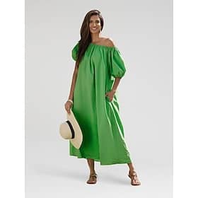 Women's Cotton Maxi Dress Casual Resort Wear Vacation Dress Green Loose Fit Off-Shoulder Puff Sleeve A line Summer Dress