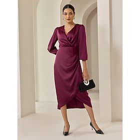 Satin Burgundy Ruched Wrap Lantern Sleeve Party/Wedding Guest Midi Dress dress to impress 2024