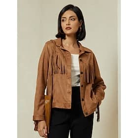 Suede Fringe Hem Crew Neck Jacket