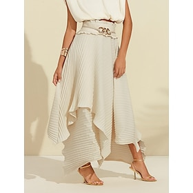 Women's Pleated Maxi Skirt Asymmetrical Handkerchief Hem Belted High-Waist Flowy Elegant Casual Work Spring Summer