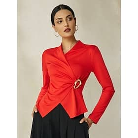 Ruched Metal Knitwear Long Sleeve Crossover Collar Blouse